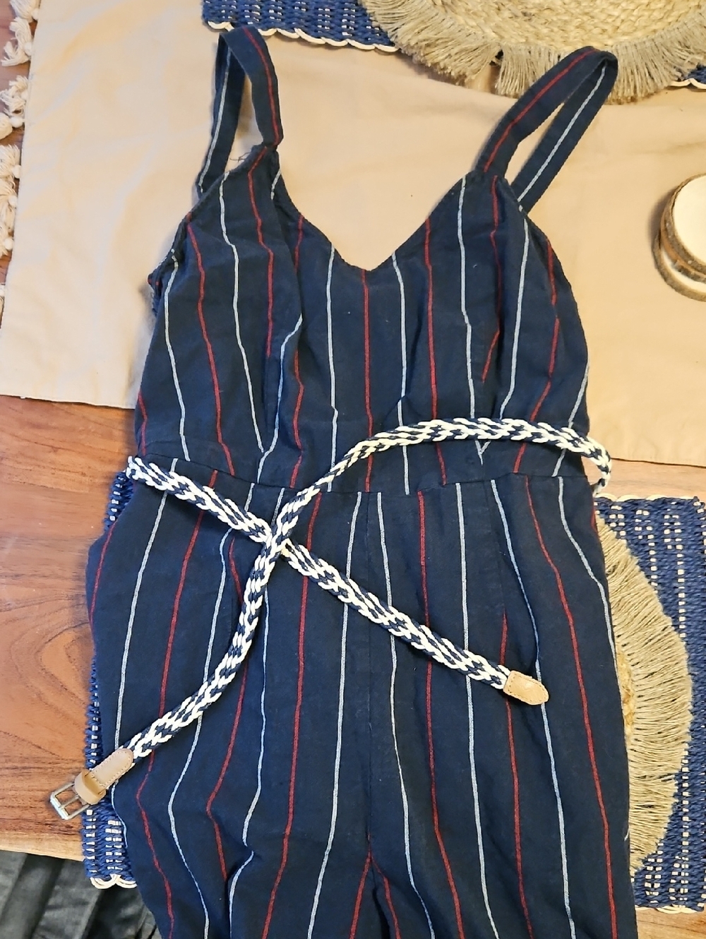 Universal Thread Navy Jumpsuit with Red and White Pinstripes